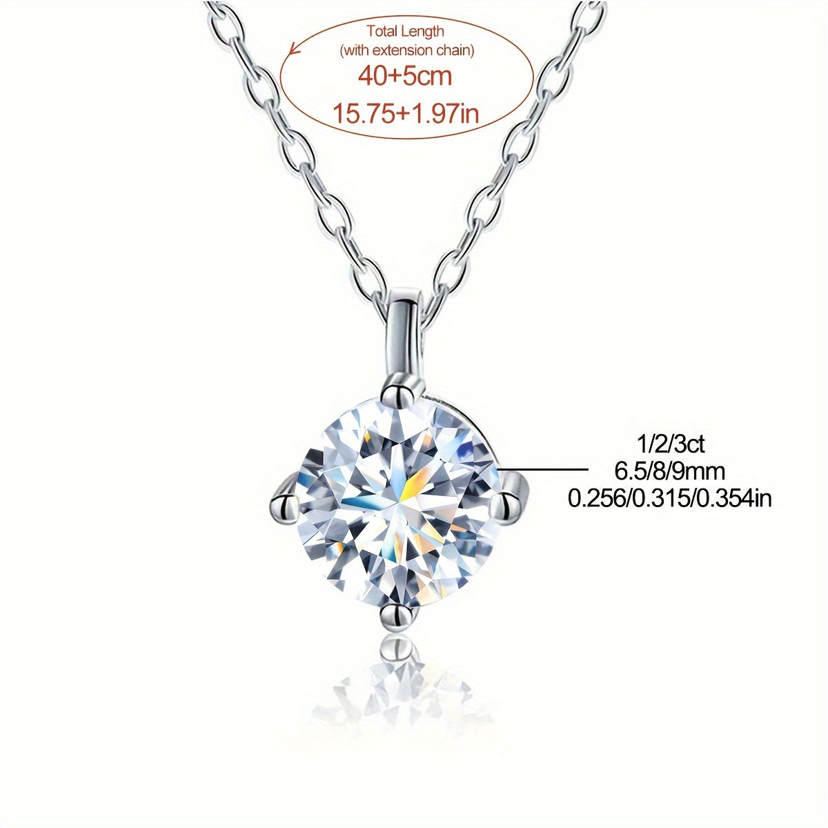 Sterling Silver Diamond Pendant Necklace 1/2/3 Carat Wedding Gift Jewelry
