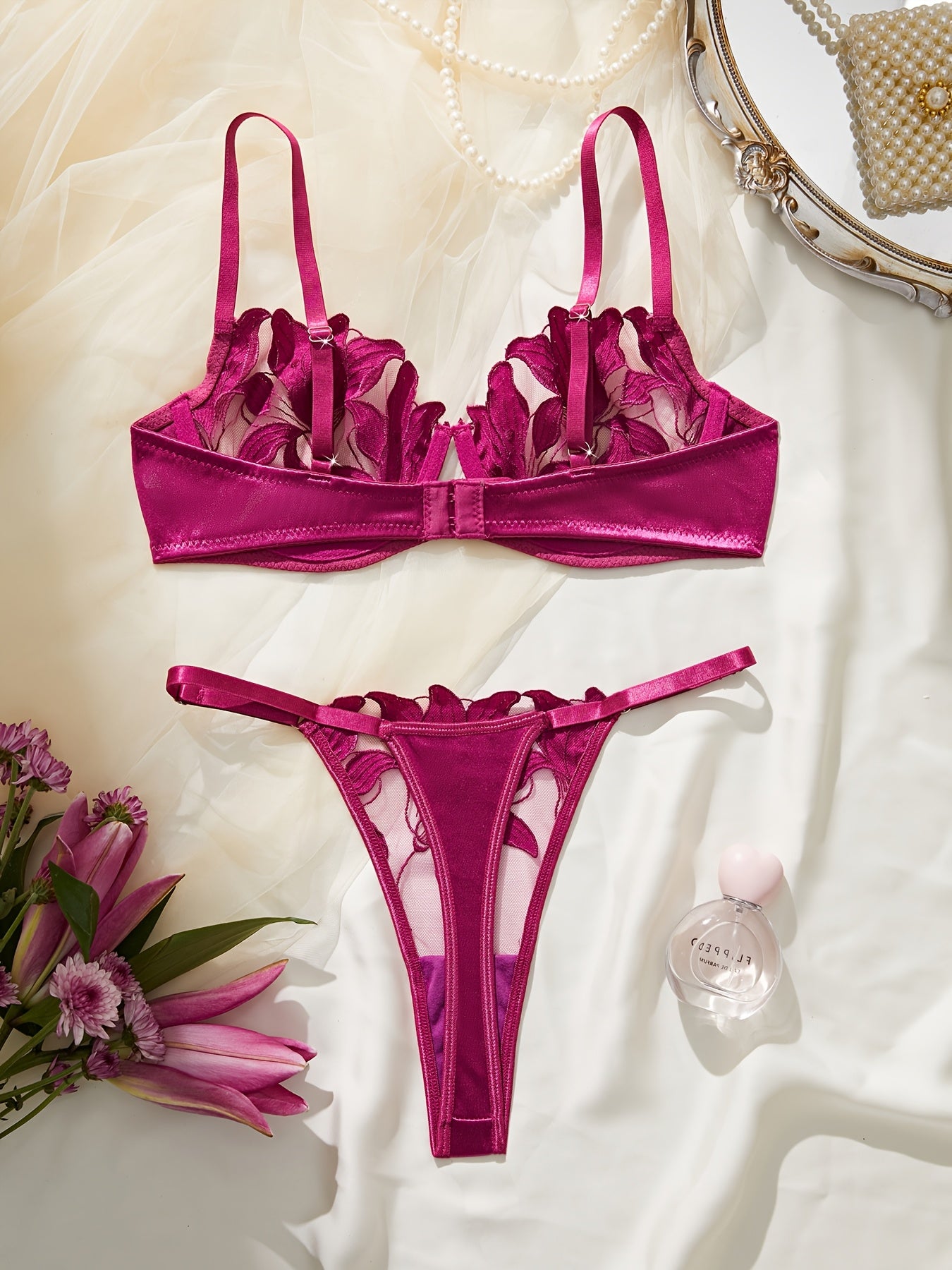 Sheer Embroidered Floral Lingerie Set with Polyester and Elastane Adult Lash Sets Included