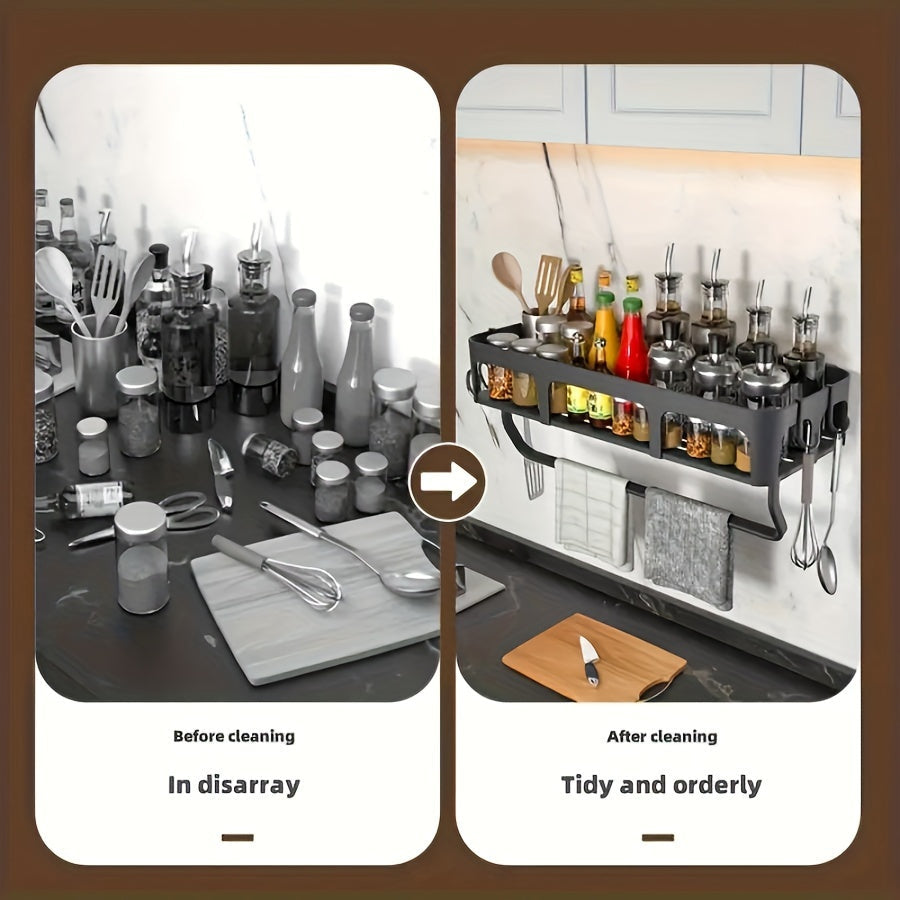 Estante de almacenamiento para cocina sin taladro con ganchos, organizador de pared para especias y suministros