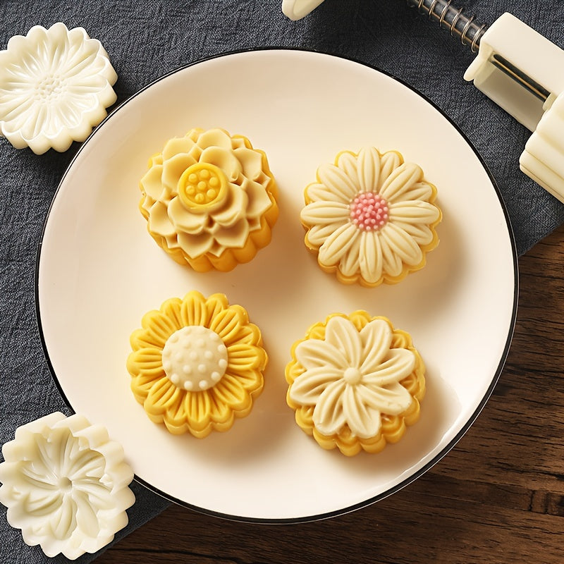 Flower Moon Cake Mold Set with 1 Mold and 4 Stamps for Mid Autumn Pastries