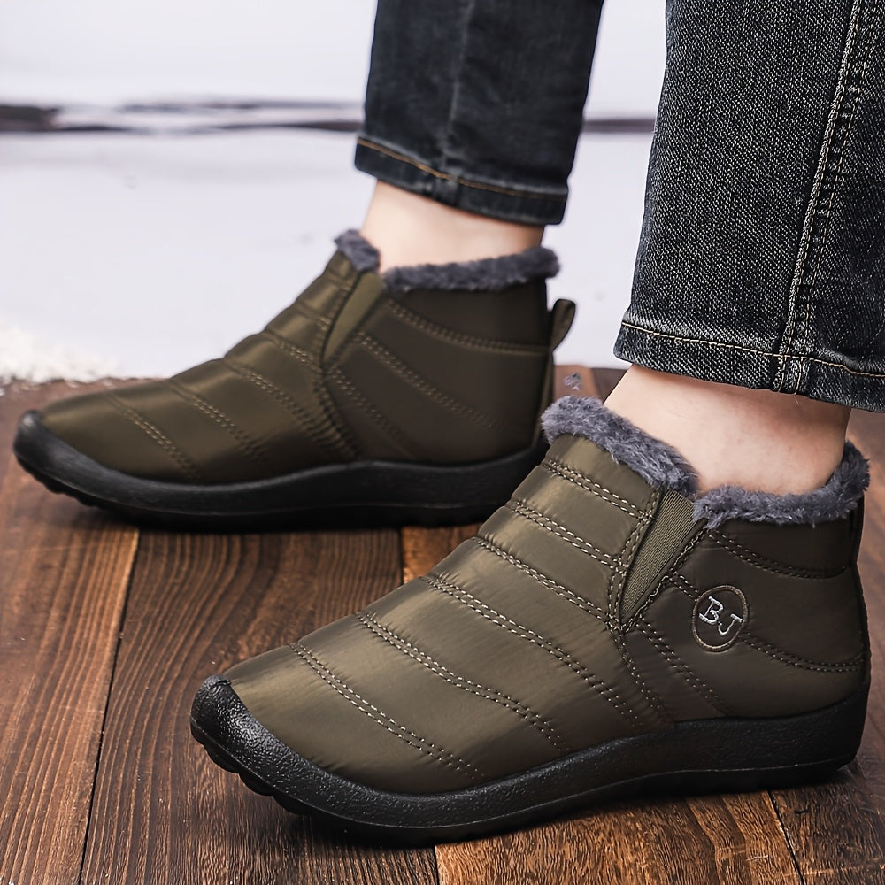 Women's Slip-On Ankle Boots Black Soft Fabric Plush Lining Comfortable Flat