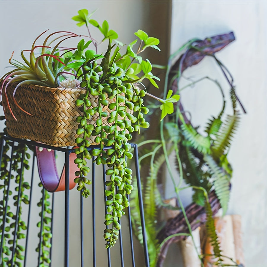 Faux Succulent Hanging Plant with Pearl String Wall Shelf Indoor Outdoor Decor