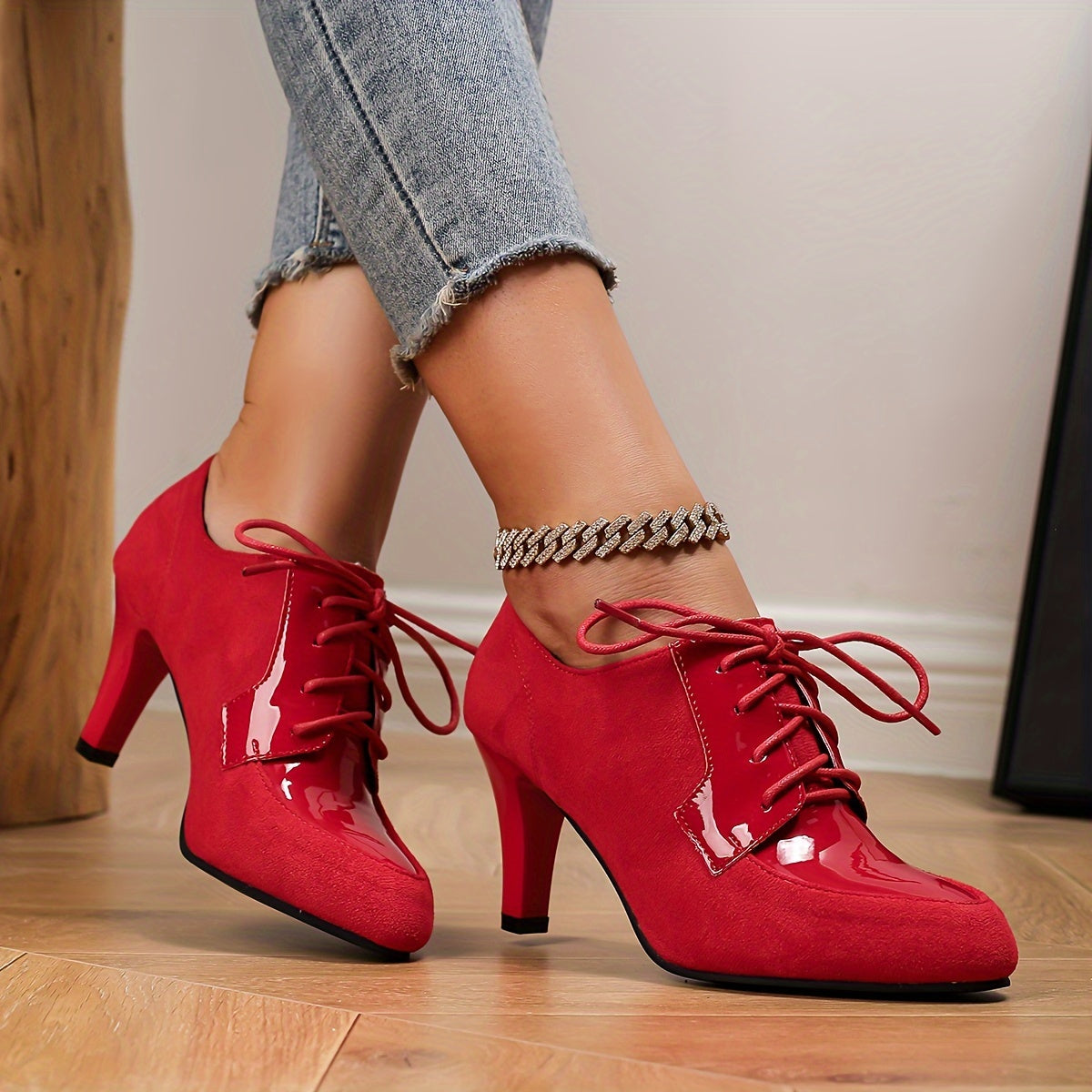 Women Faux Leather Lace-Up High Heels Pointed Toe Chunky Heel