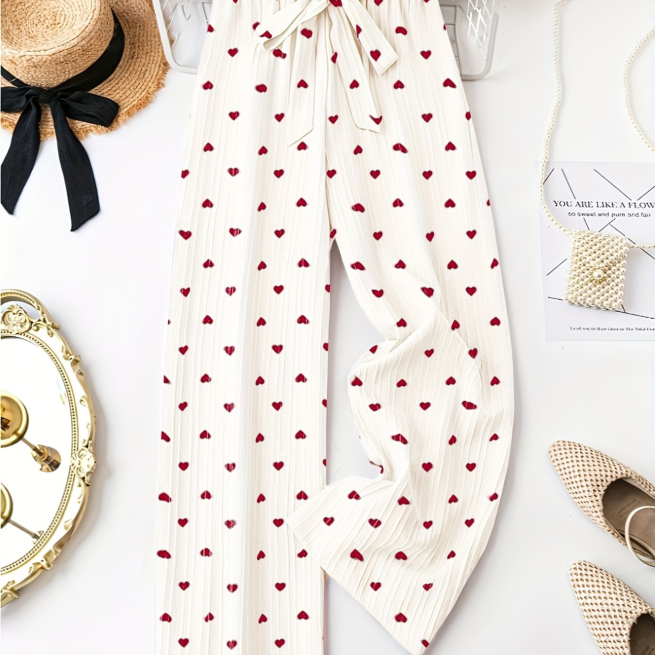 Women Plus Size Lightweight Heart Pattern Casusal Straight Leg Pants