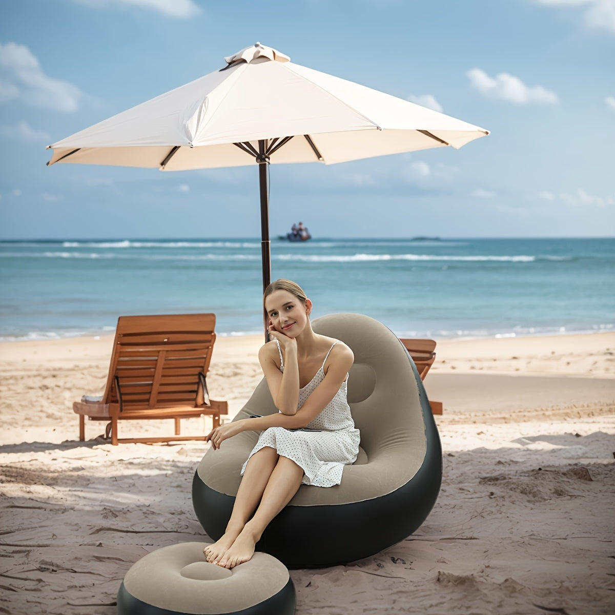 Inflatable Lounge Chair for Adults Portable Foldable with Footrest Black Beige Outdoor Relaxation