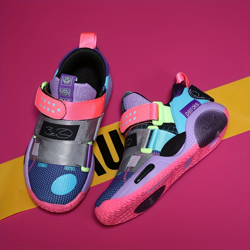 Youth Casual Basketball Sneakers Girls Pink Purple Blue Low Top TPR Sole Elastic Closure