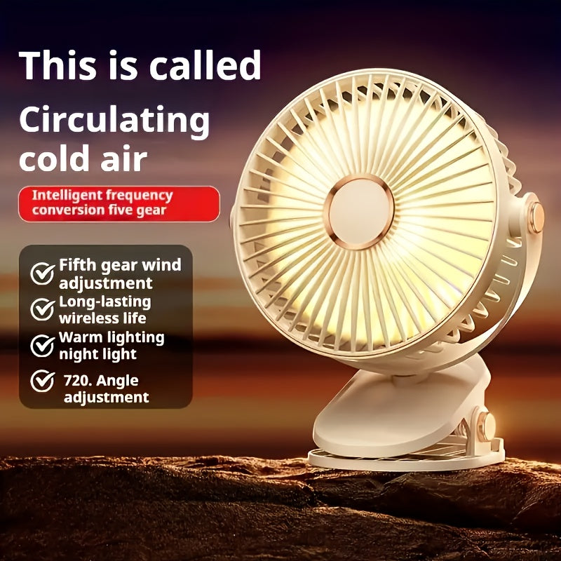 Portable USB Rechargeable Desk Fan with Nightlight, 5 Speeds, Clip-On, Quiet