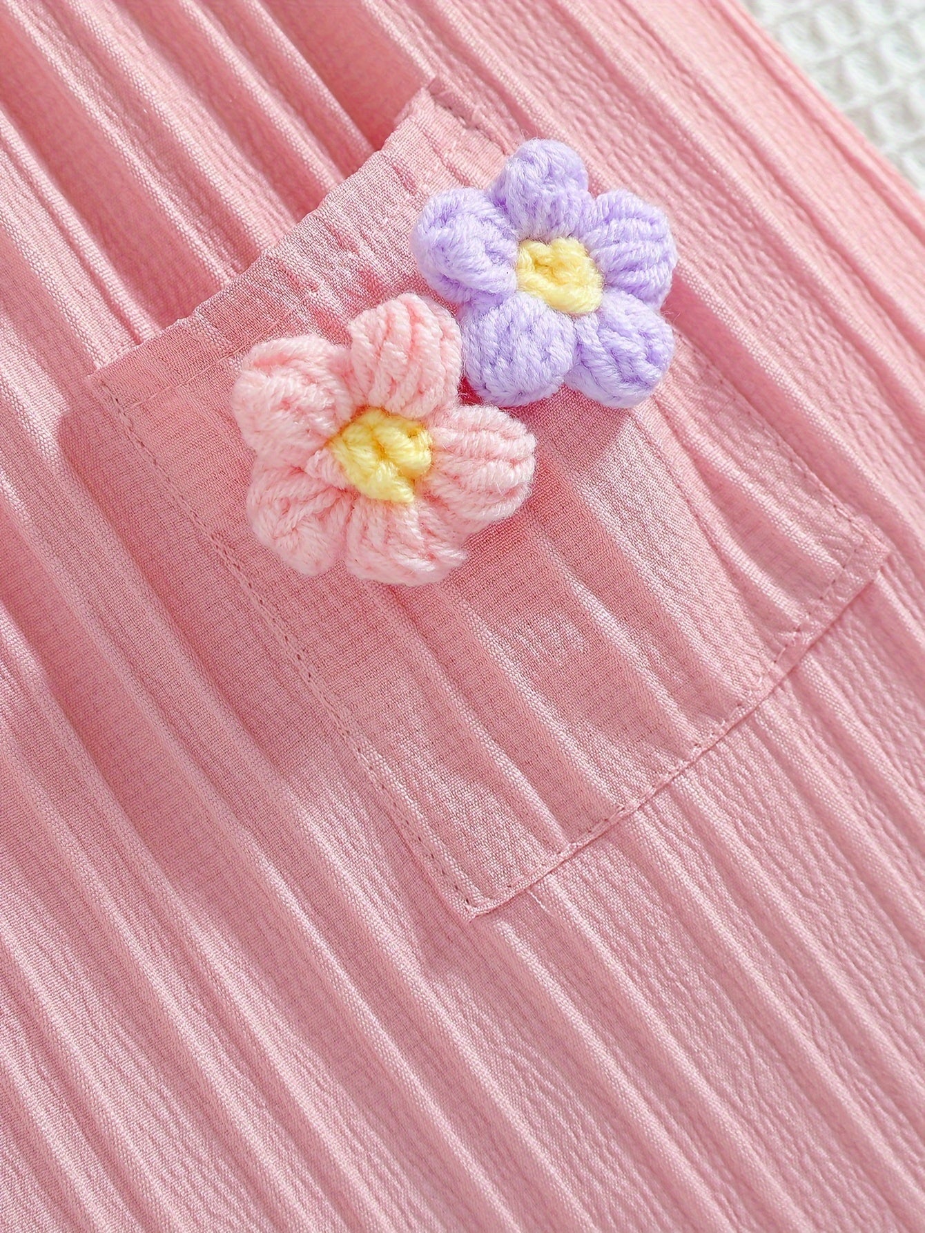 Girls' Light Blue Summer Dress with 3D Floral Embellishments Ruffle Sleeves Knee Length