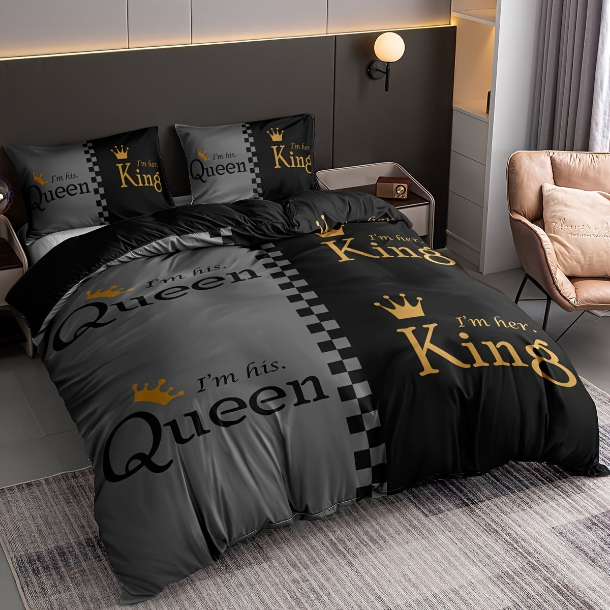Queen and King Crown Print Bedding Set Duvet Cover Pillowcases Soft Breathable