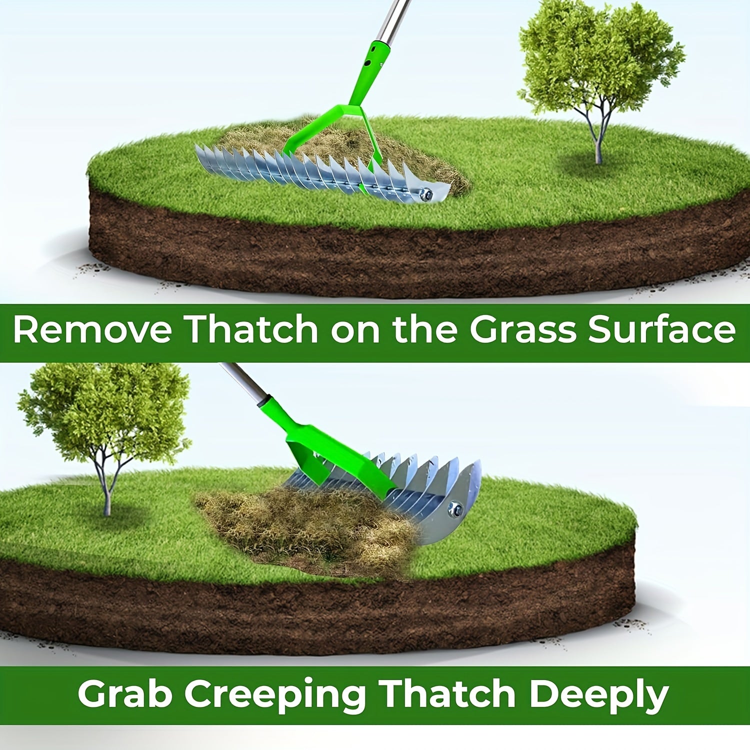 Metal Thatching Rake 12.8 Inch with Anti-Slip Handle for Garden and Yard Maintenance