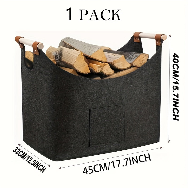 Large Felt Firewood Basket with Extendable Wooden Handle and Side Pocket