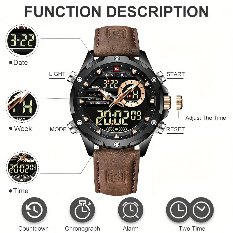 Men's Digital Watch Waterproof LED Dual Display Quartz Chronograph Big Dial Sports