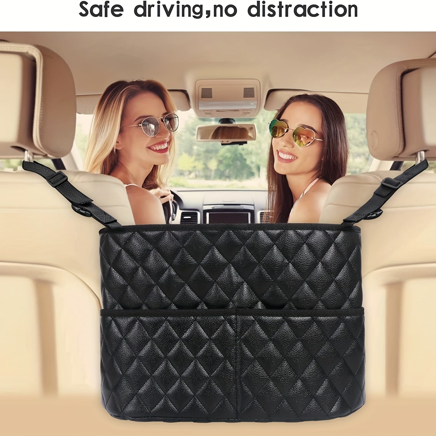 Premium PU Leather Car Seat Organizer Black Quilted Backseat Storage