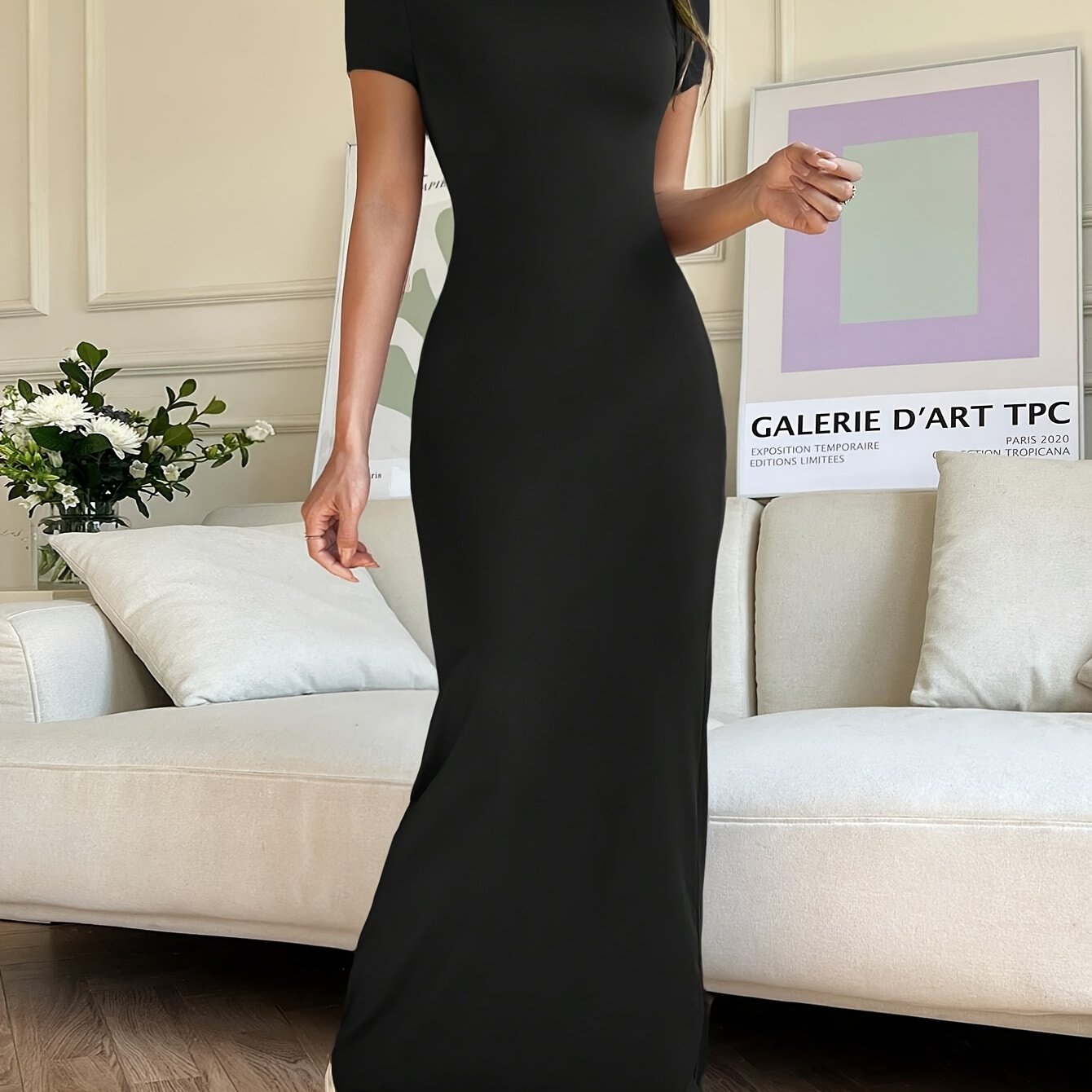 Women's Elegant Bodycon Maxi Dress Breathable Knit Fabric Crew Neck Short Sleeve Solid Color Spring Summer