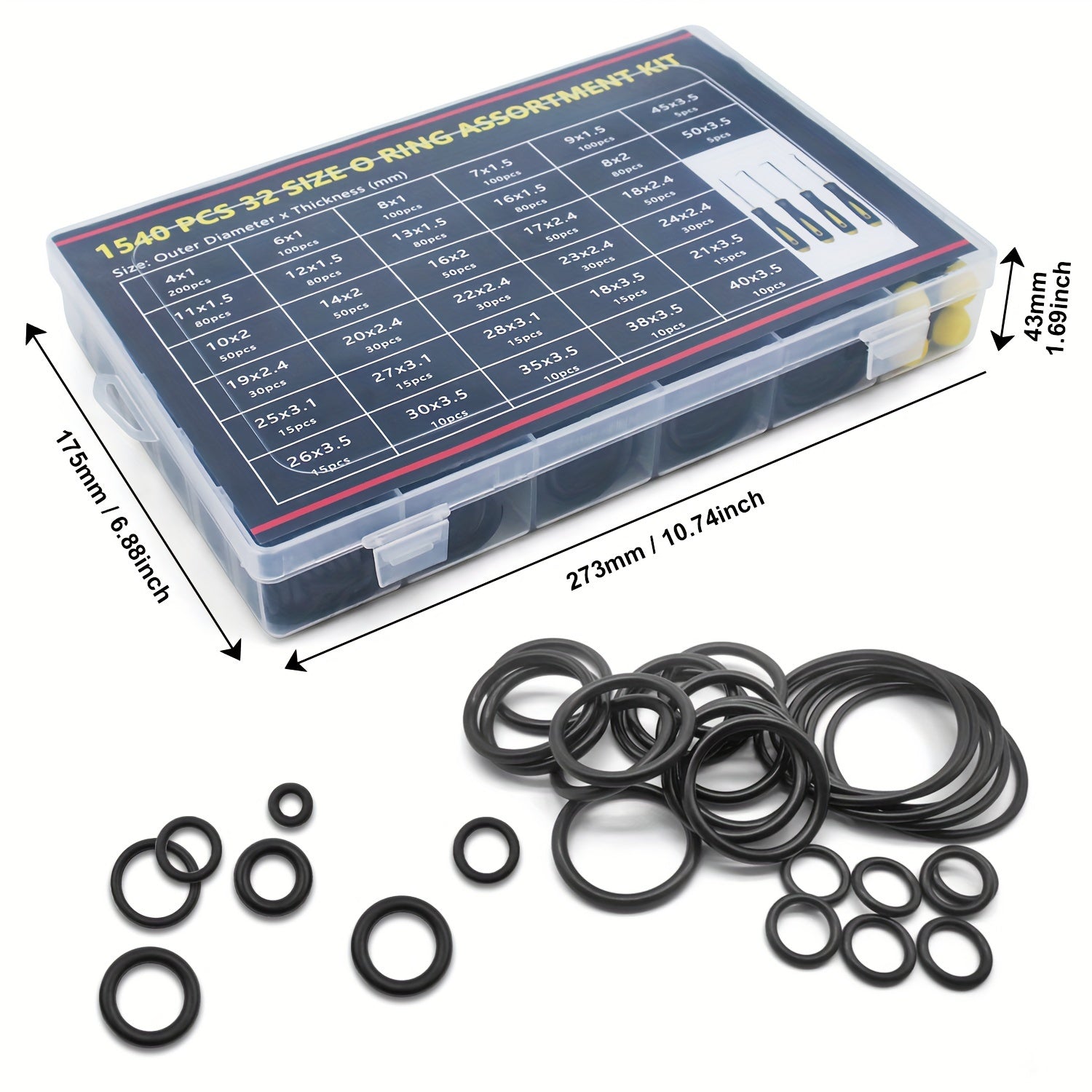 O-Ring Kit with 1540 Pieces and 4 Screwdrivers for Pressure Washers Plumbing Gas Connections