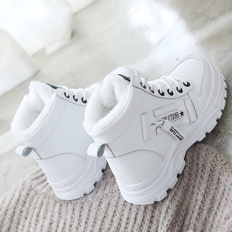 Botas altas de invierno para mujer con forro de piel sintética, impermeables y con cordones blancas