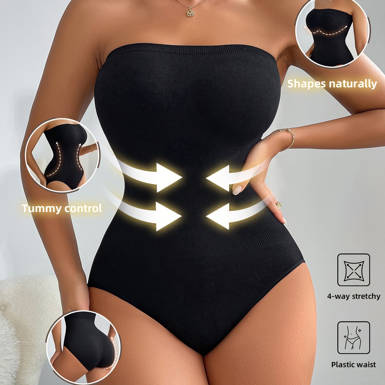 Ayollar uchun zamonaviy shakl beruvchi bodi, naylon va elastandan tayyorlangan, tikuvsiz dizayn, yuqori qo'llab-quvvatlash va to'ldirishsiz.