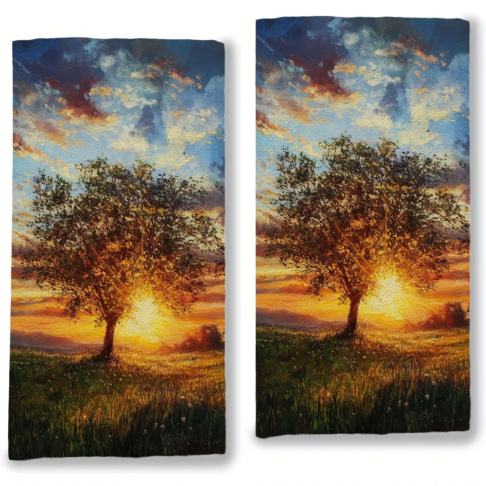 Set of 2 Ultra Soft Kitchen Towels Dusk and Sunset Designs 40x60cm Absorbent