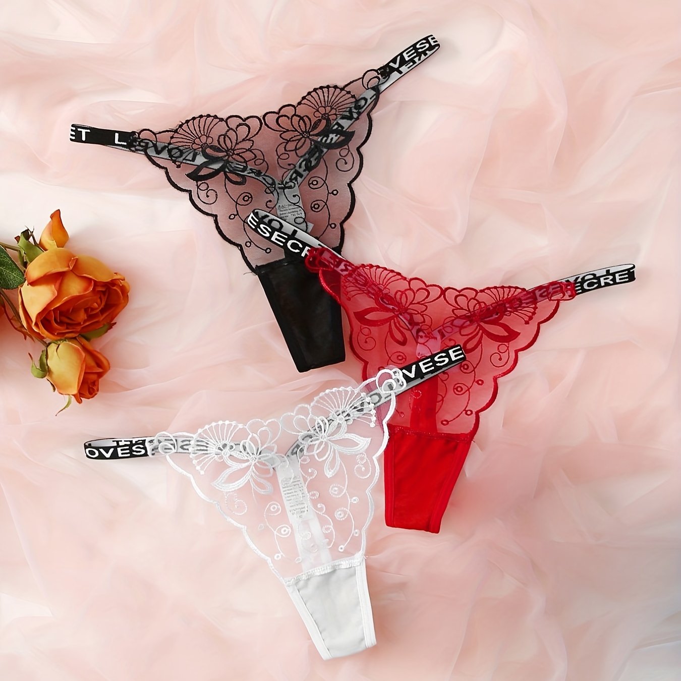 Women's Floral Lace Mesh Thongs Set with Sheer Letter Tape 3-Pack