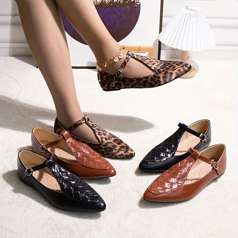 Women Brown Microfiber T-Strap Mary Jane Flats with Low Heel