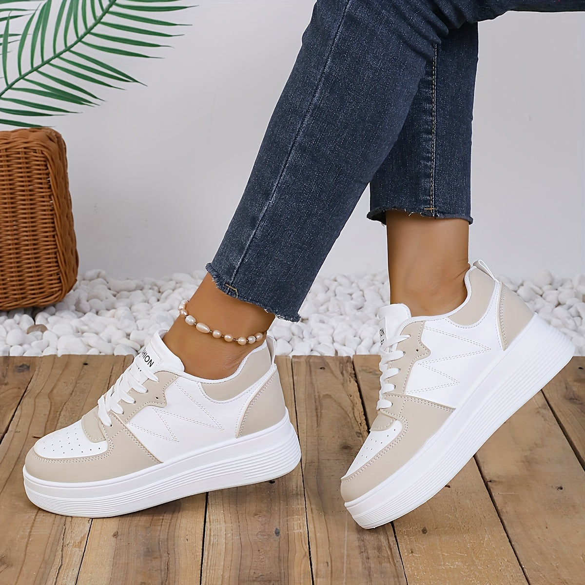 Women's Slip-On Wedge Sneakers with Lace-Up Closure White Beige Breathable Mesh
