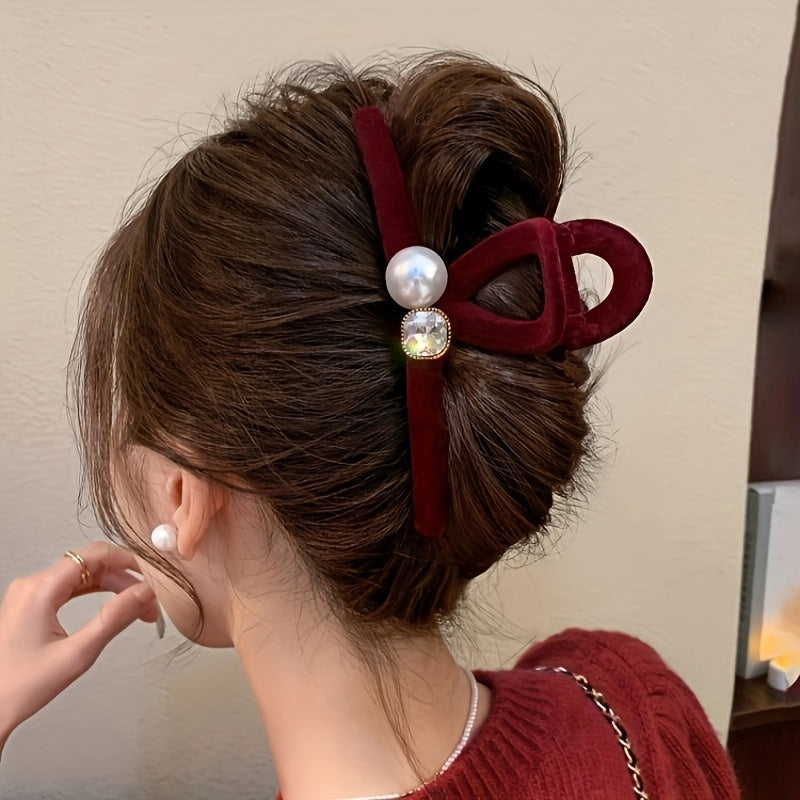 Large Velvet Pearl Hair Claw Clip with Crystals and Ribbon Bow for Women
