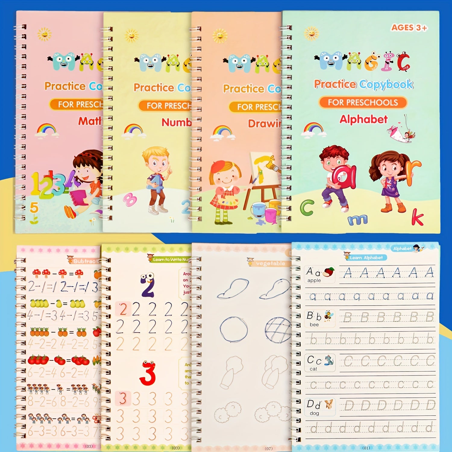 Children's Practice Copybooks Set with Reusable 3D Groove Writing Pad for Kids Ages 3-6