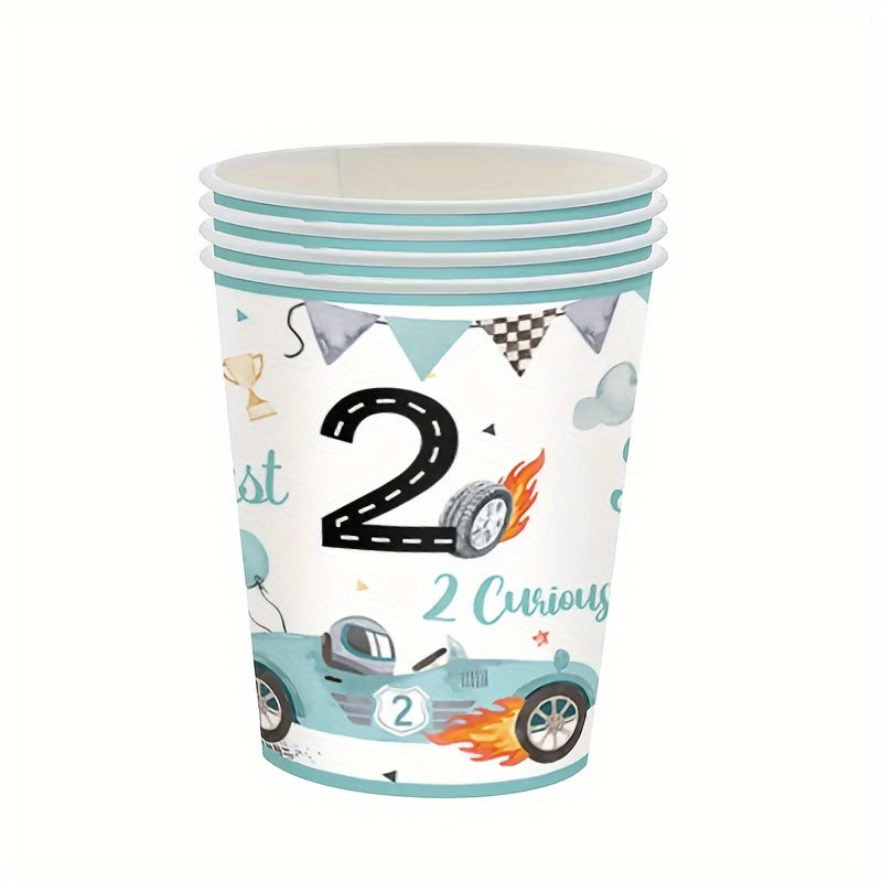 Set of 10 Birthday Party Plates Cups Napkins Paper Dinnerware Blue Race Car Checkered Flag for 2nd Birthdays Tailgate Celebrations