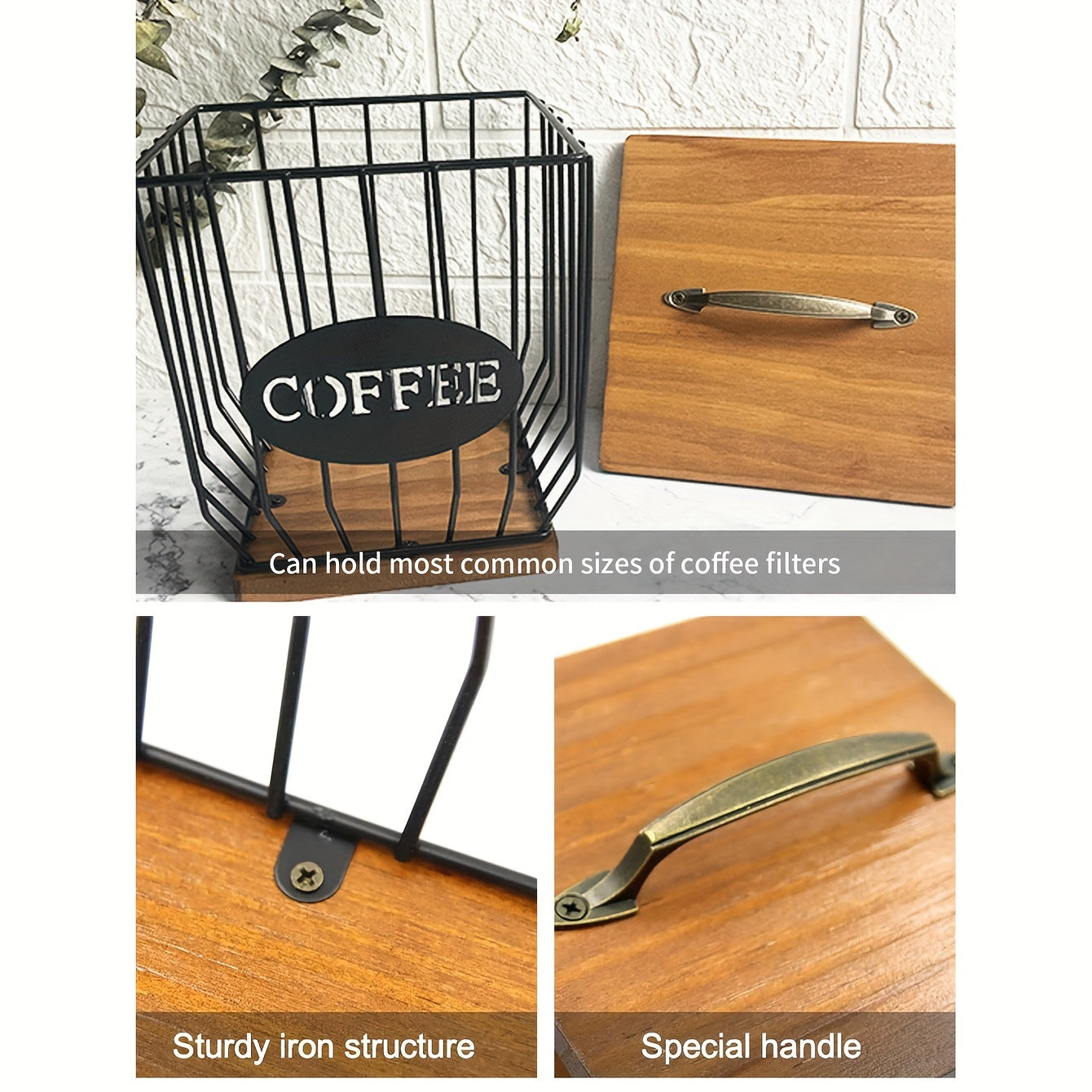 Black Wire and Wood Coffee Pod Holder with Lid for K-Cups and Tea Bags