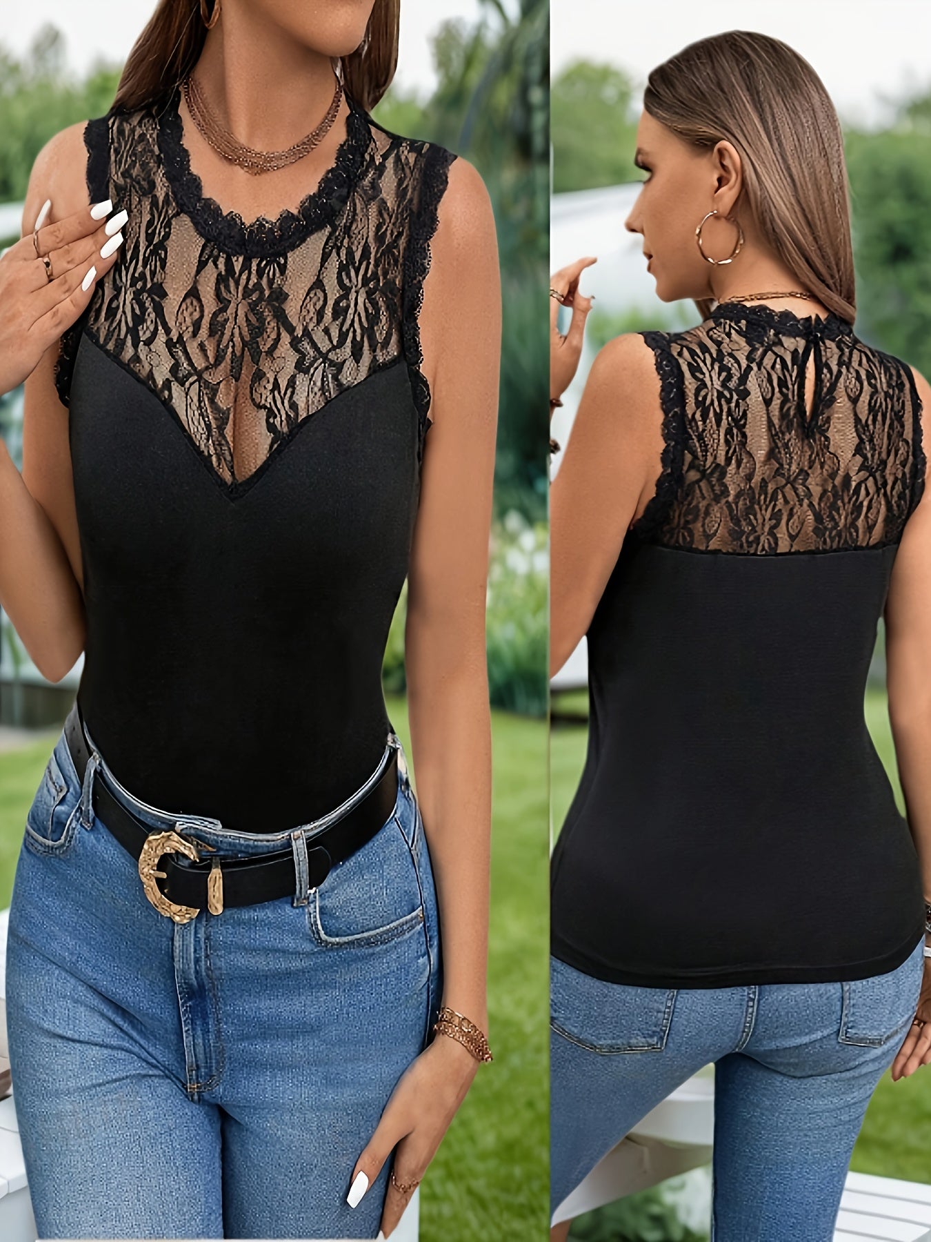 Женский топ без рукавов с кружевной отделкой для полных, черный с цветочным узором, вязаный