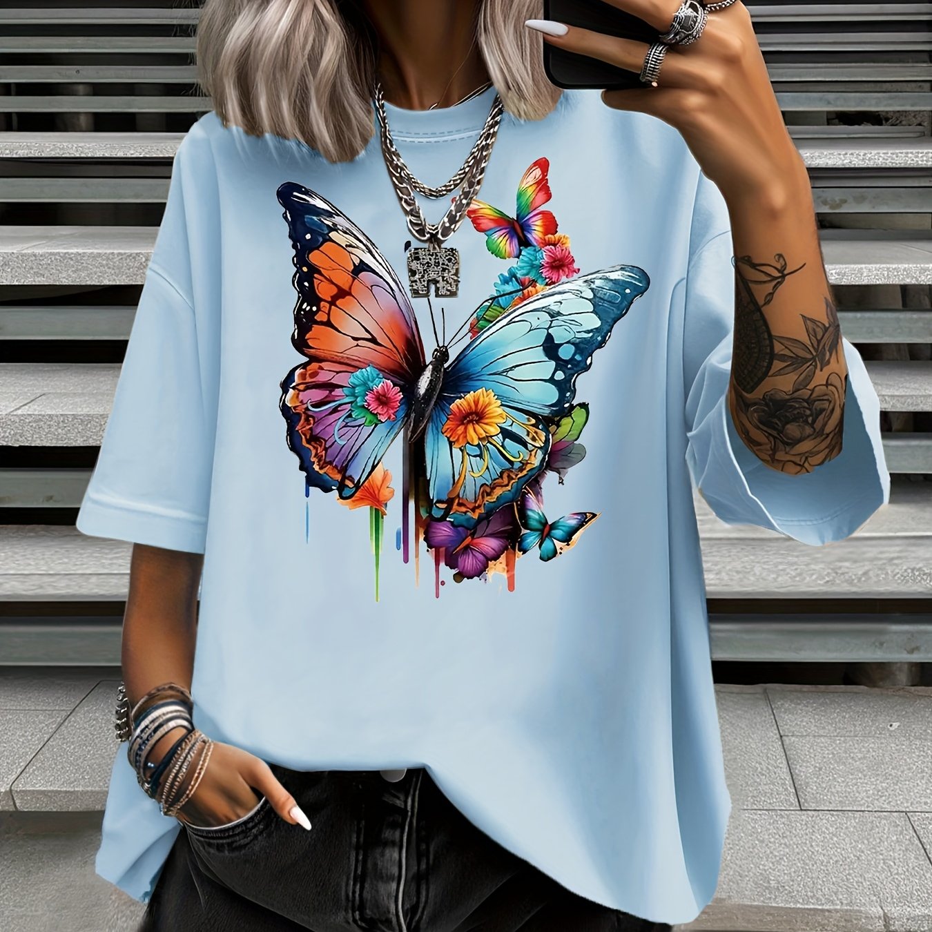 Plus Size Women's Floral Print T-Shirt Cotton Round Neck Casual Summer Top