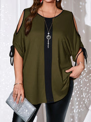 Plus Size Women's White Blouse with Black Drawstring Sleeves Polyester Spandex