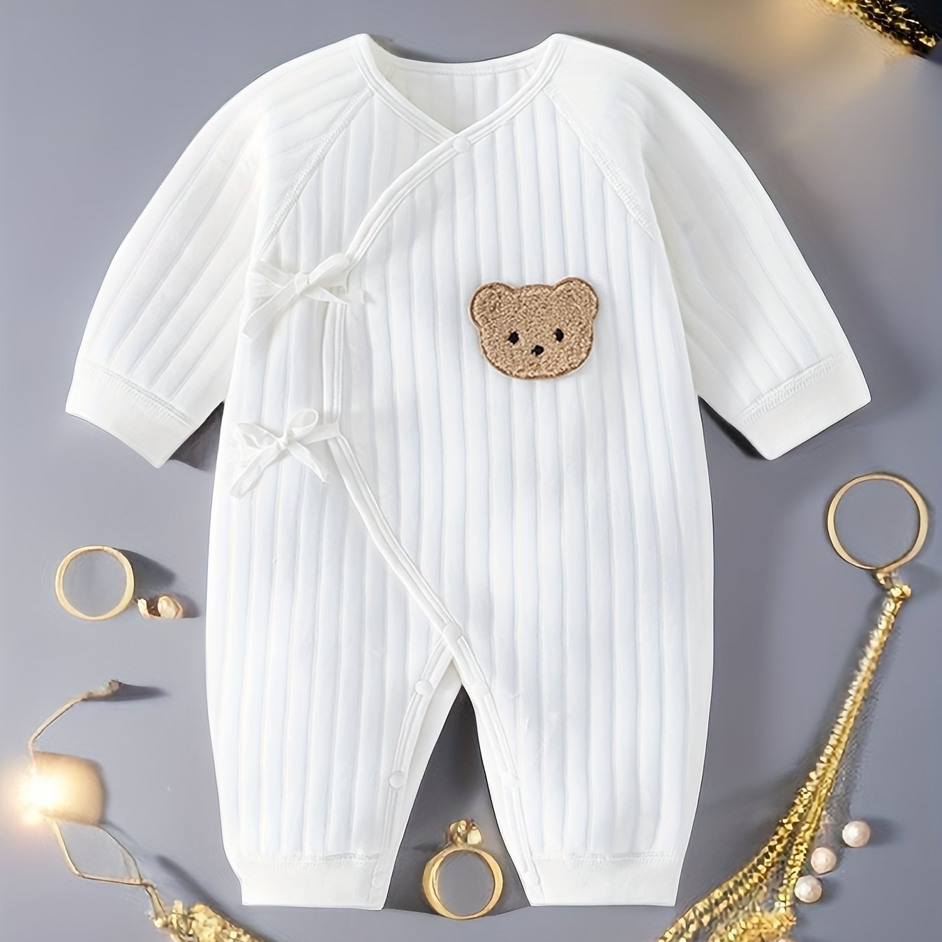 Baby Cotton Bodysuit for Newborns and Toddlers Long Sleeve with Bear Patch