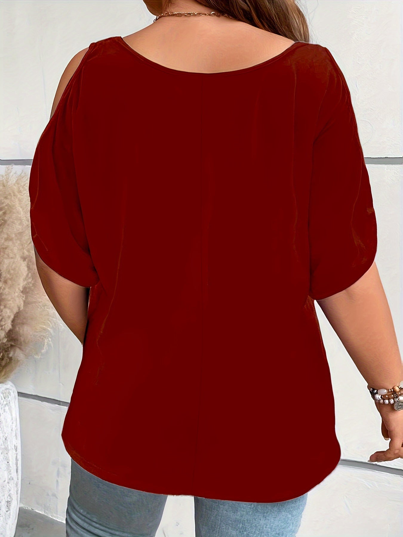 Plus Size Solid Cold Shoulder T-Shirt for Women Casual Crew Neck Short Sleeve Polyester