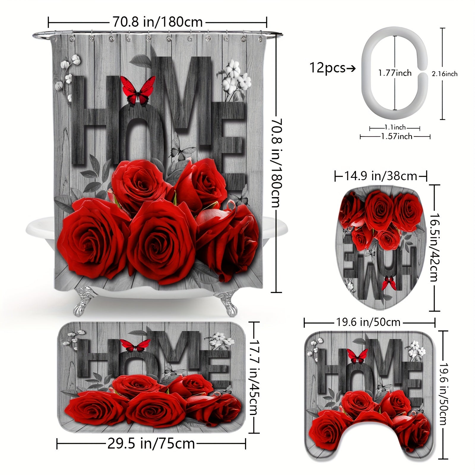 Romantic Rose and Butterfly Polyester Bathroom Set with Shower Curtain Non-Slip Mats Rug and Toilet Lid Cover