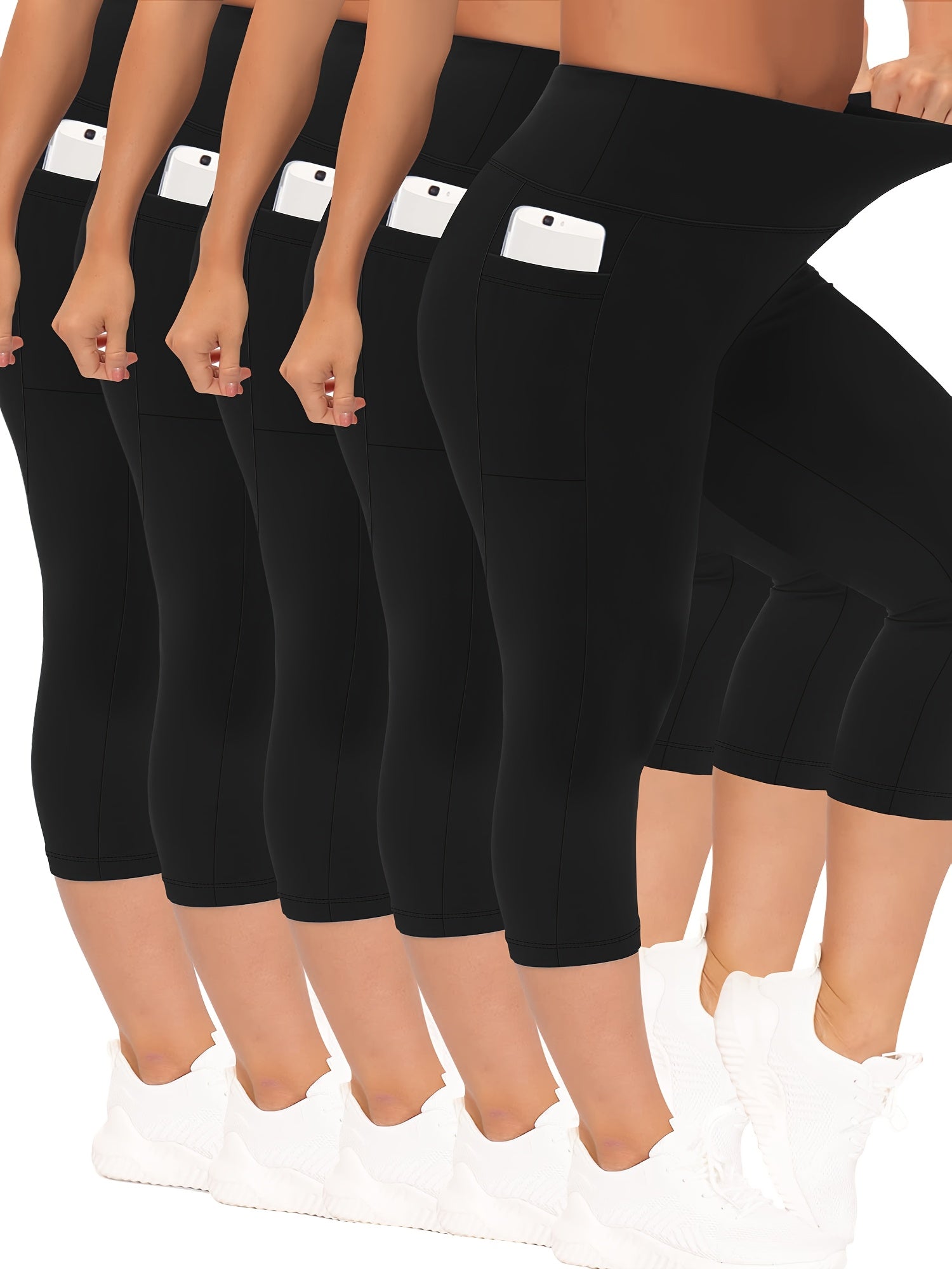 Plus Size High Waist Capri Leggings with Pockets Comfortable Stretch Solid Colors