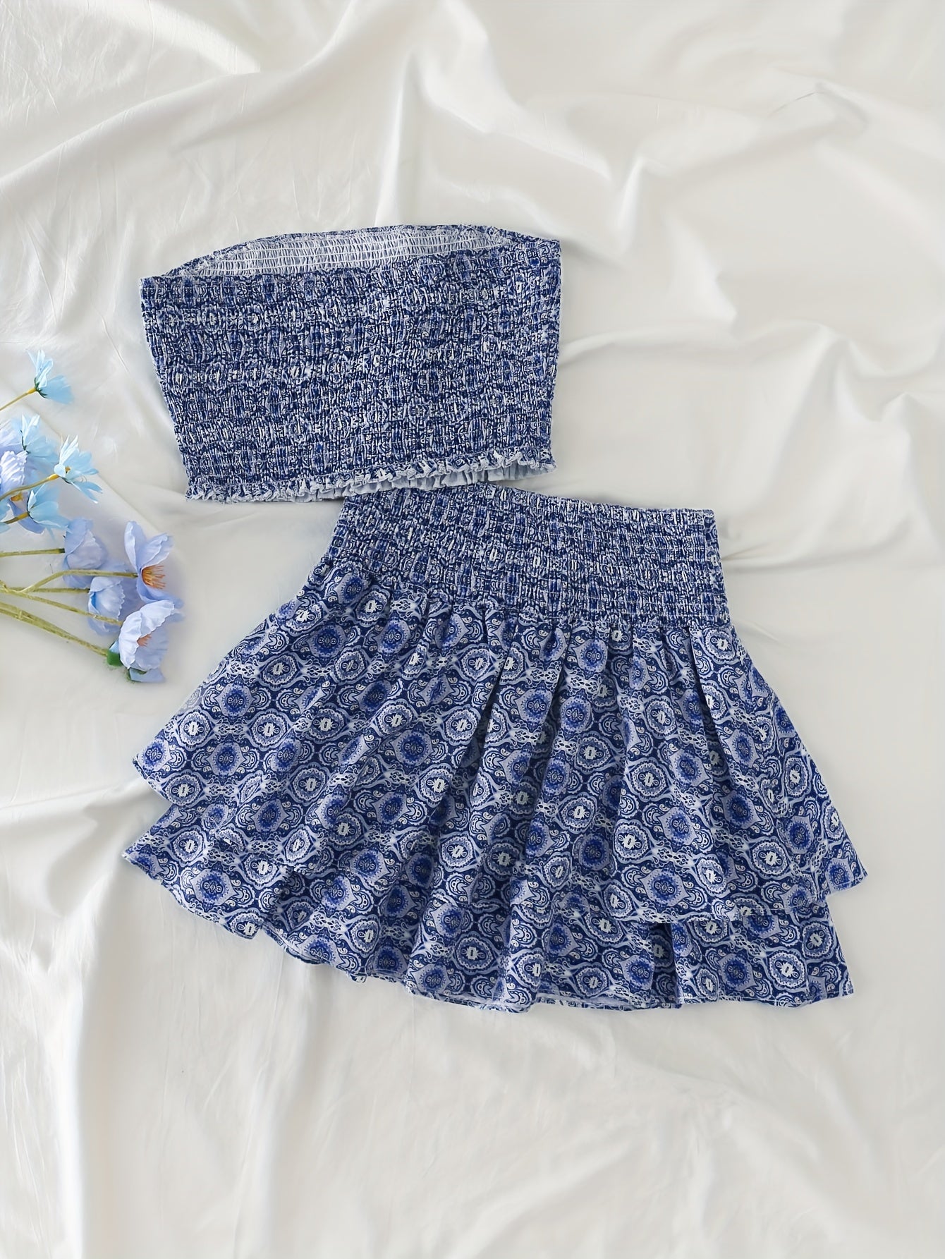 Women's Off-Shoulder Geometric Print Two-Piece Outfit Polyester Spandex Shirred