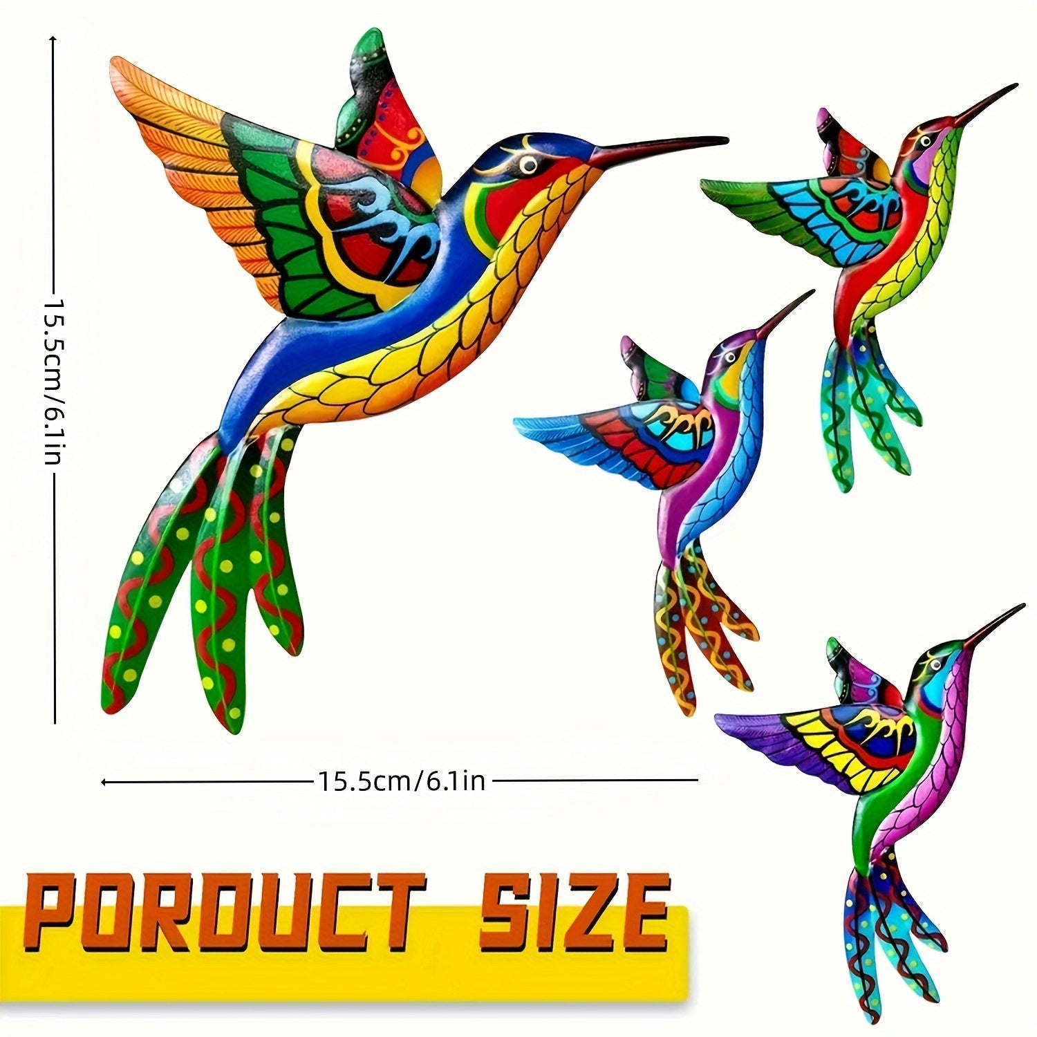 Colorful Metal Hummingbird Wall Decor Set of 4 Indoor Outdoor Garden Patio Living Room Fence