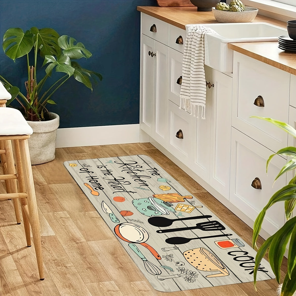 Alfombra moderna de poliéster para cocina con gráficos de cubiertos y letras, lavable a máquina, alfombra rectangular para el suelo para cocina y decoración del hogar