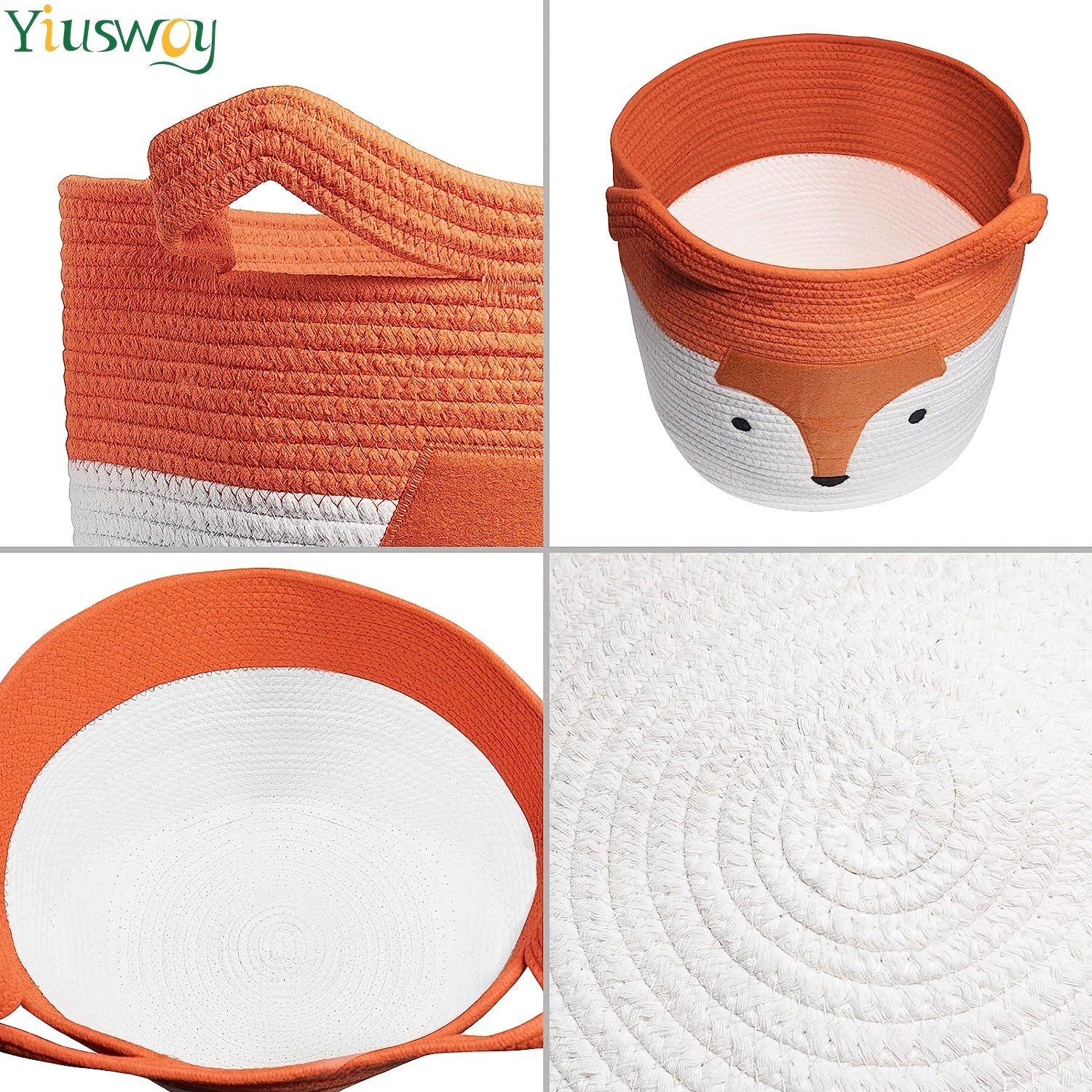 Katta to'qilgan ipdan yasalgan kir yuvish savati, multfilm tulkisi yuziga ega, o'yinchoqlar, kiyimlar va uy hayvonlari uchun kerakli buyumlarni saqlash uchun ideal, to'q sariq va oq ranglarda.