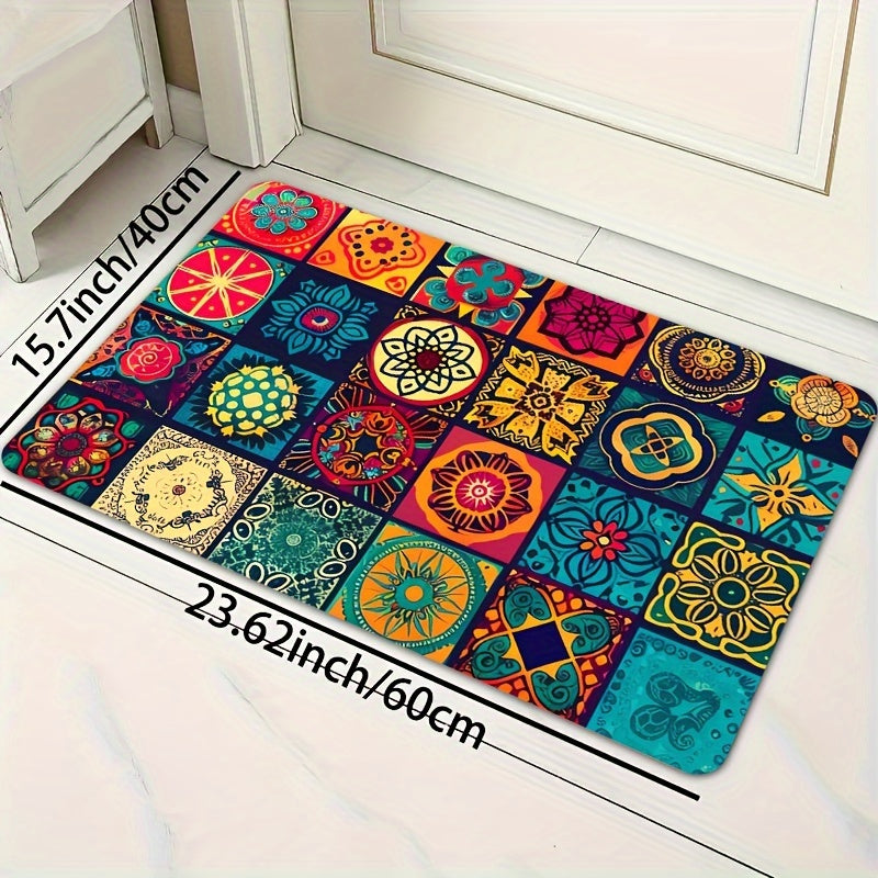 Bohemian Square Floor Mat Non-Slip 8mm Thick Polyester Indoor Outdoor