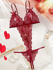 Women's Burgundy Floral Lace Teddy Bodysuit with Adjustable Straps