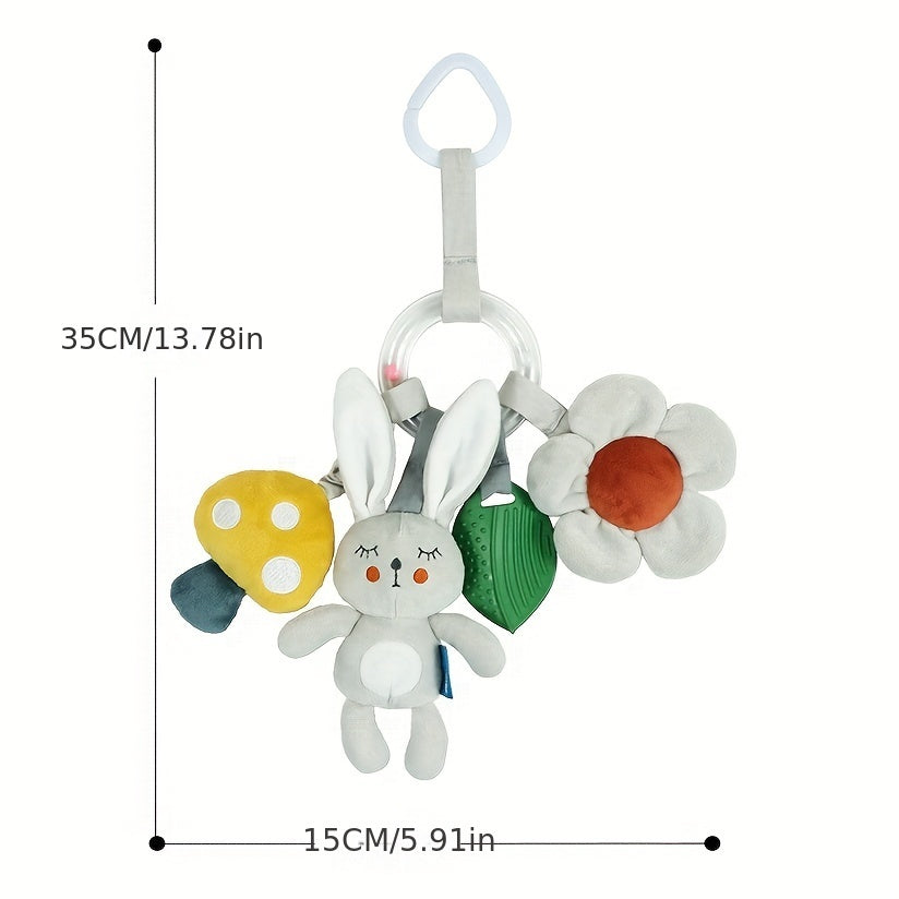 Baby Car Seat Toy Plush Mobile with Mirror Teething Ring Textured Beads for Stroller and Crib
