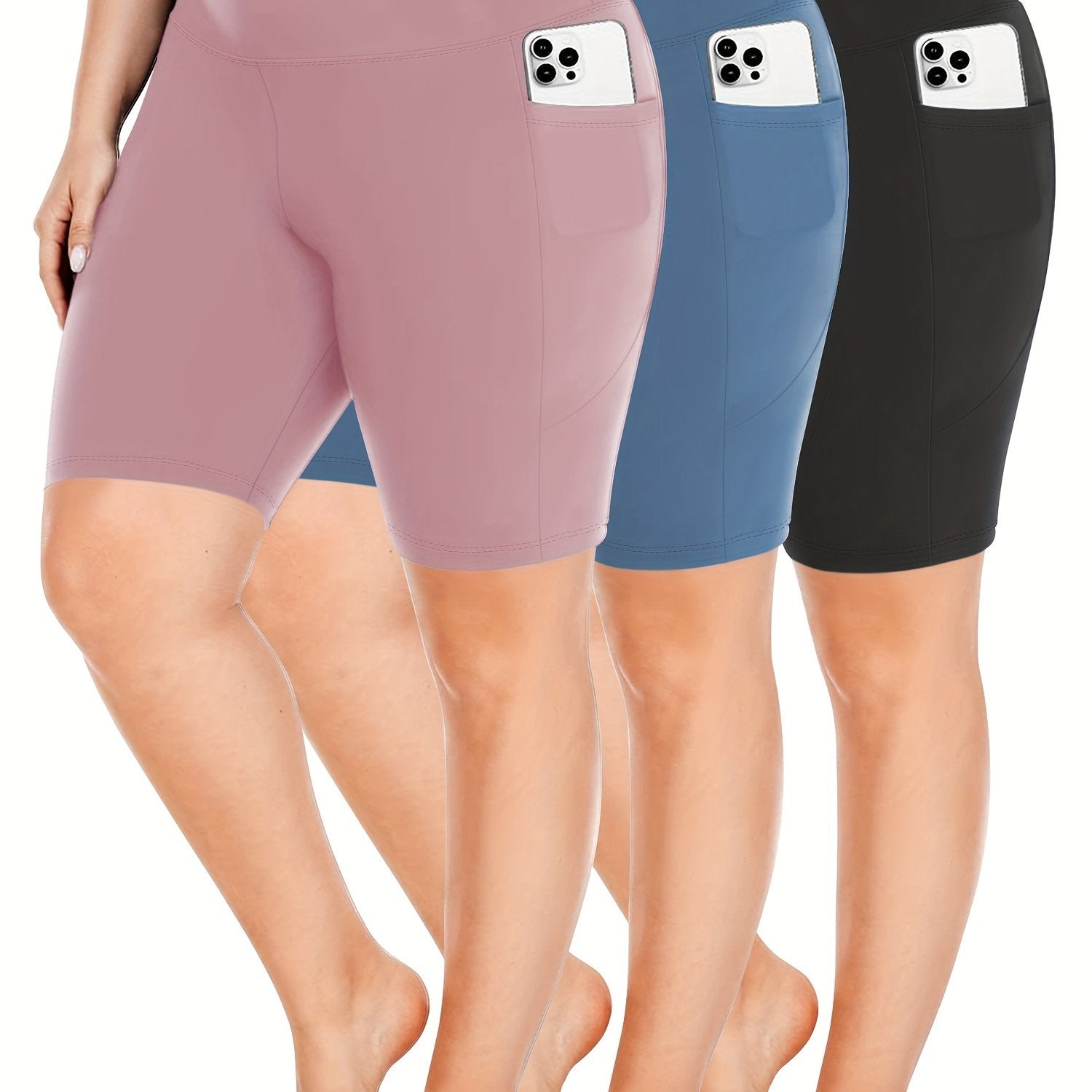 Ayollar uchun kattaroq o'lchamli yuqori belli bir rangli shortlar faoliyat kiyimlari to'plami, 3 ta