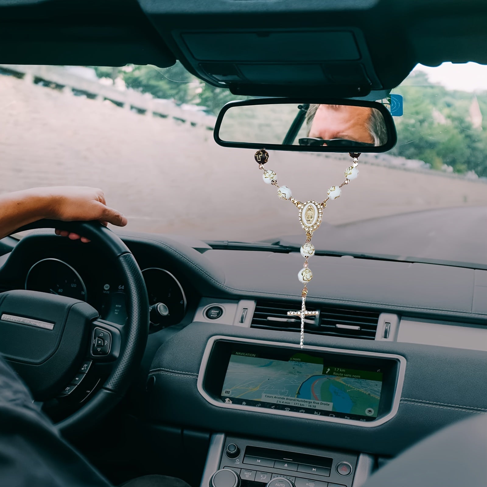 Car Rearview Mirror Beaded Rosary Cross Charm Faux Pearl Alloy Decoration