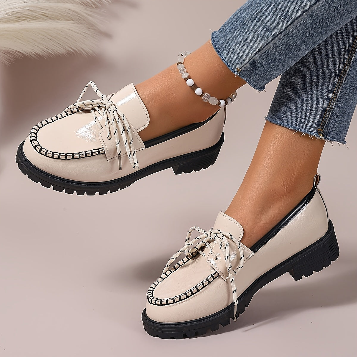 Women's White Loafers with Black Accents Casual Slip-On Platform Shoes