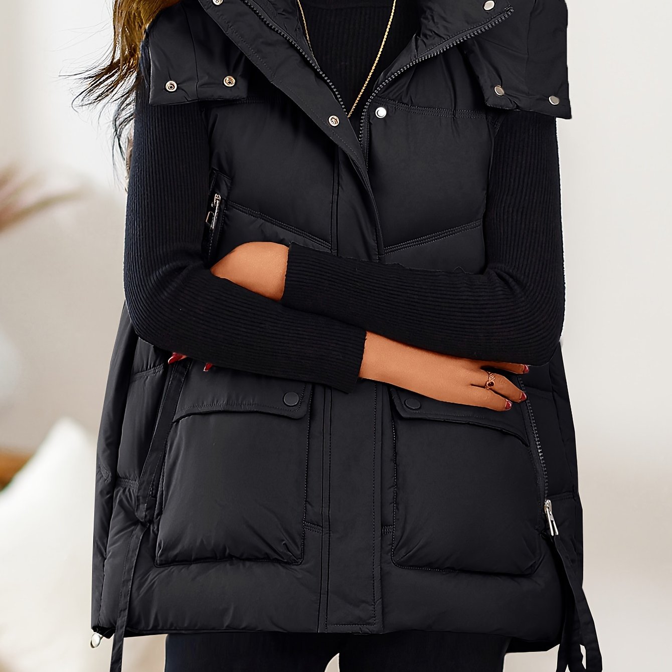 Women's Black Polyester Hooded Vest with Zip Front Pockets and Drawstring Waist