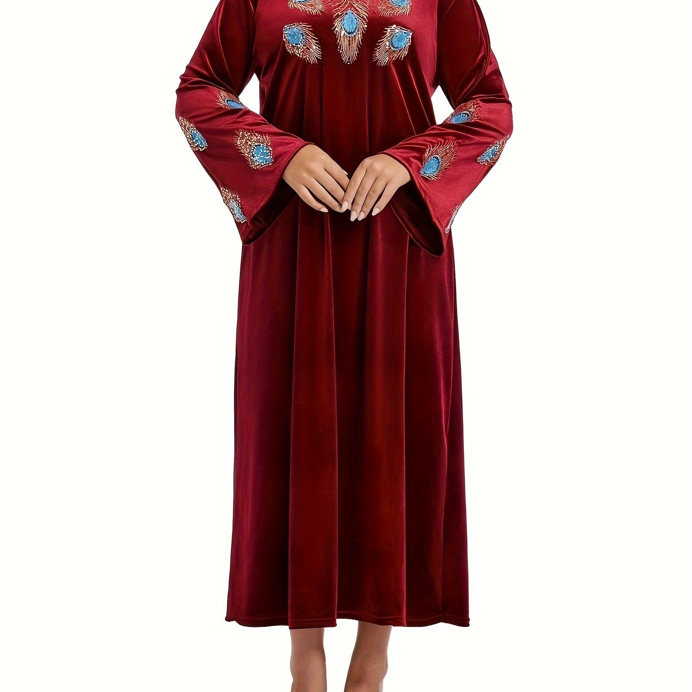 Vestido largo bordado para mujer, mezcla de poliéster, patrón de animales, cuello redondo, para todas las estaciones, corte recto