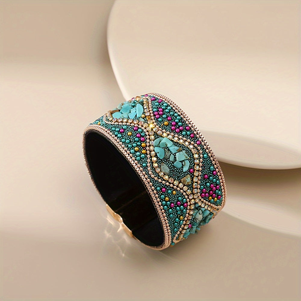 Women's Handmade Natural Stone Bead Faux Leather Bracelet with Magnetic Clasp