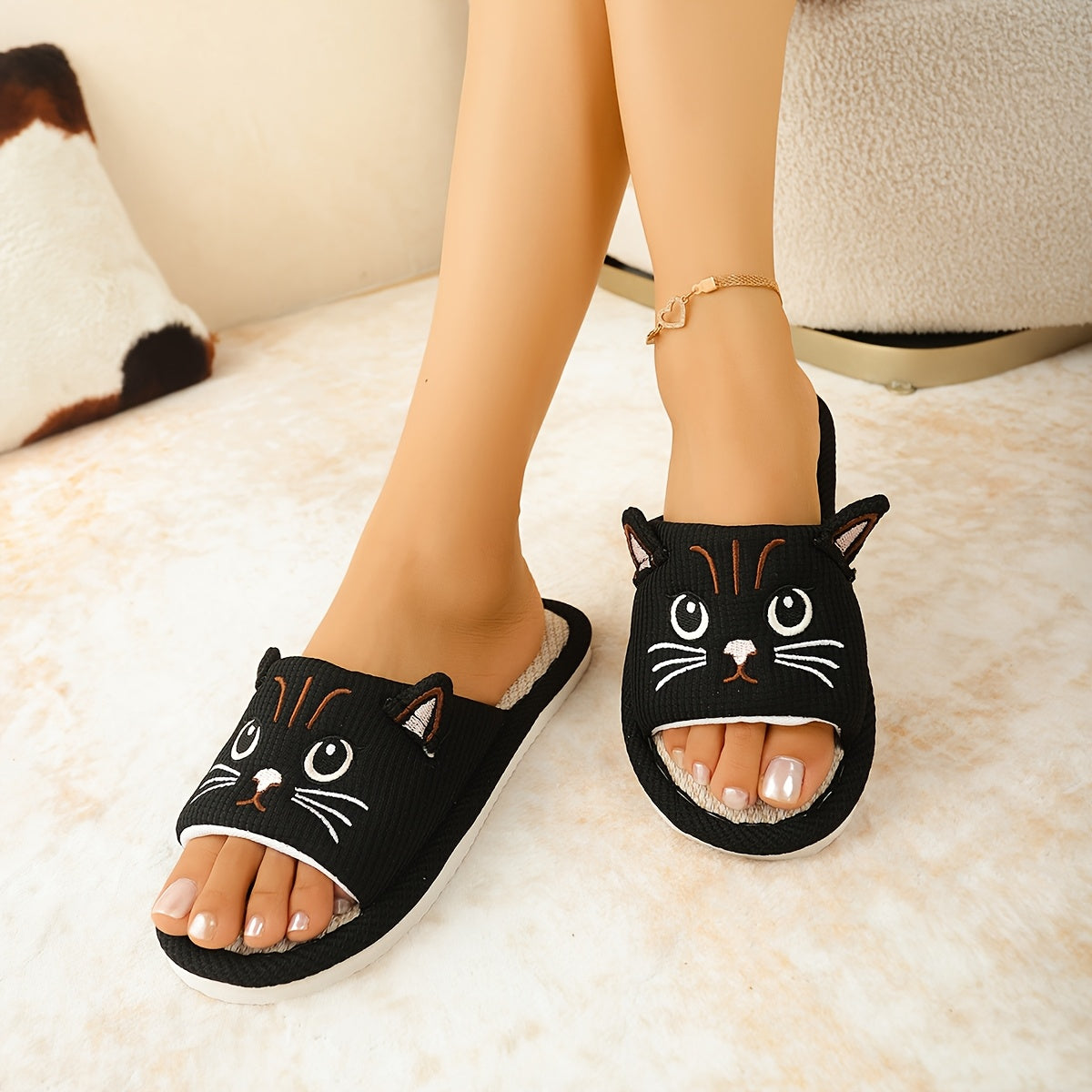 Women's Cat Slippers Open-Toe Pink Cushioned Indoor Outdoor Shoes